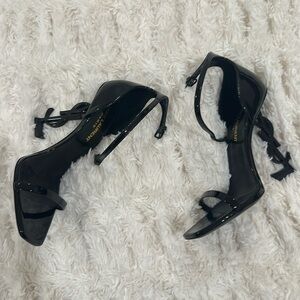 Opyum YSL Logo-Heel Sandals with Black Hardware